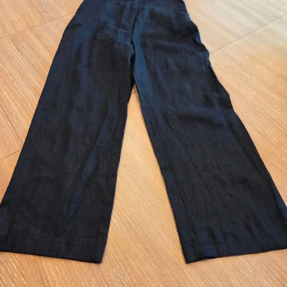 Mango Linen Women's Black Sleeveless Jumpsuit Crop Pant Button Front Pockets S